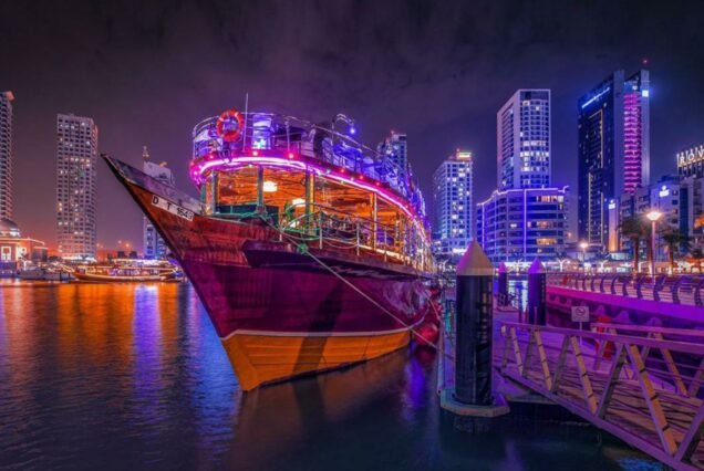 Guests enjoying the international buffet on the Mega Dhow Cruise Dubai Marina.